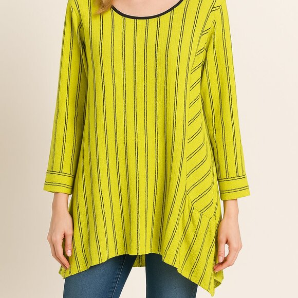 Ali Miles Tunic Size 1X Striped Yellow Artsy Pocket Button Lagenlook Corpcore - Picture 10 of 10